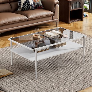 QingMoon Modern Coffee Table, Rectangle Glass Center Table, 2 Tier Tea Table with Tempered Glass Top and Wood Storage Shelf for Living Room, Office - 1 of 4