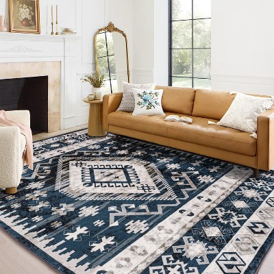 Vintage Bohemian Persian Area Rug 6x9 ¨C Non-Slip Washable Carpet for Living Room, Bedroom, Kitchen, Blue/Black Geometric - Nertpow