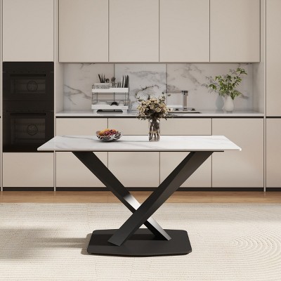 55" Modern Rectangular Dining Table for 6,Sintered Stone Top with Black Metal X-Leg Base-Maison Boucle