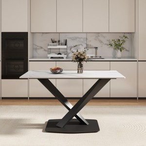 55" Modern Rectangular Dining Table for 6,Sintered Stone Top with Black Metal X-Leg Base-Maison Boucle - 1 of 4