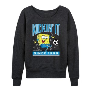 Women's - Spongebob Squarepants - Kickin It Since 1999 -Women's French Terry Pullover Lightweight French Terry Wide Neck Long Sleeve Shirt - 1 of 4