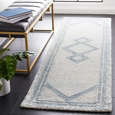 Ivory and Blue Hand Tufted Wool Runner Rug