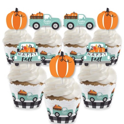 Big Dot of Happiness Happy Fall Truck - Cupcake Decoration - Harvest Pumpkin Party Cupcake Wrappers and Treat Picks Kit - Set of 24