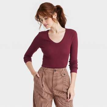 Women's Long Sleeve Slim Fit Crewneck T-shirt - A New Day™ Burgundy M :  Target