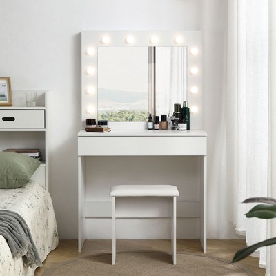 NicBex Vanity Desk with Mirror Small Vanity with Mirror, Compact Makeup Vanity with Drawer, 1pc Upholstered Stool for Apartment, White