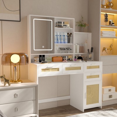 Angel Sar Makeup Vanity Desk with Mirror and Lights, Rattan Vanity Table with 4 Drawers