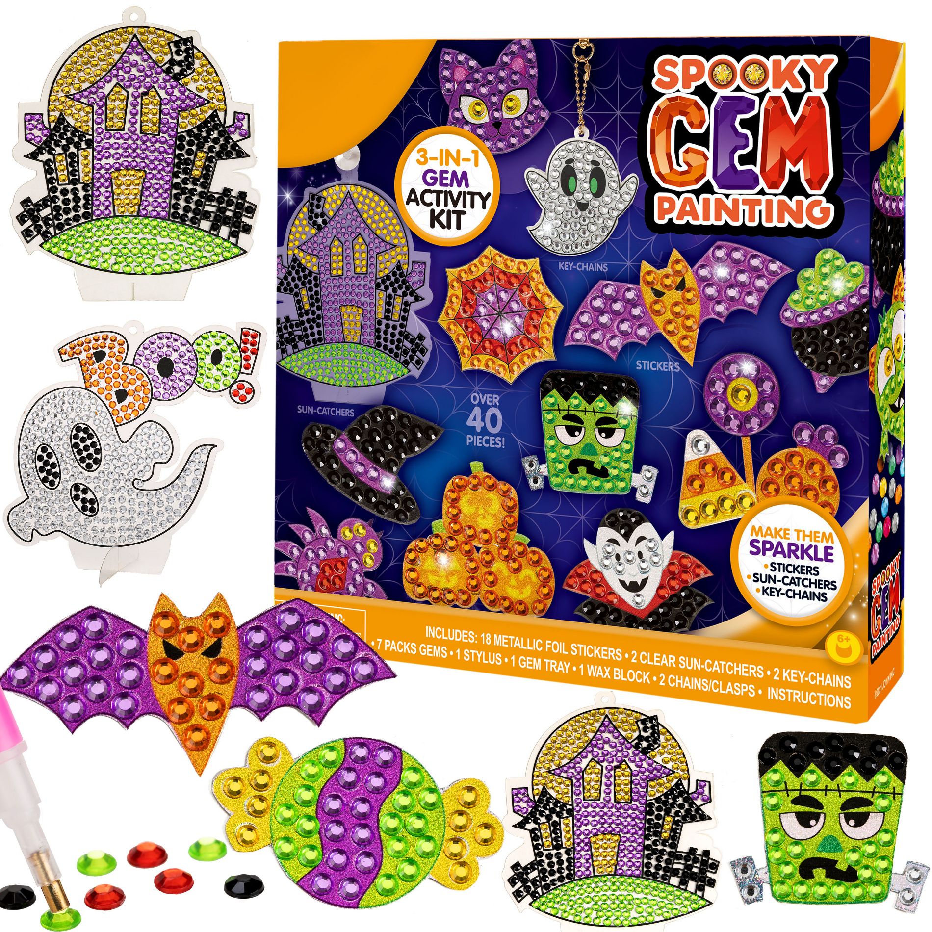 Joyfy Halloween Diamond Painting Kit for Kids, DIY Party Favors with Stickers, Suncatchers & Keychains, Gem Art Painting Kit Craft Activities