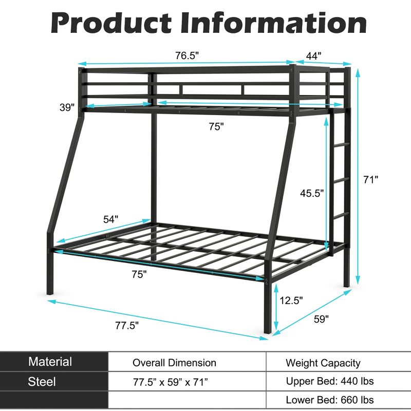 Costway Twin Over Full Bunk Bed w/Metal Frame and Ladder Space-Saving Design White\Black, 4 of 11