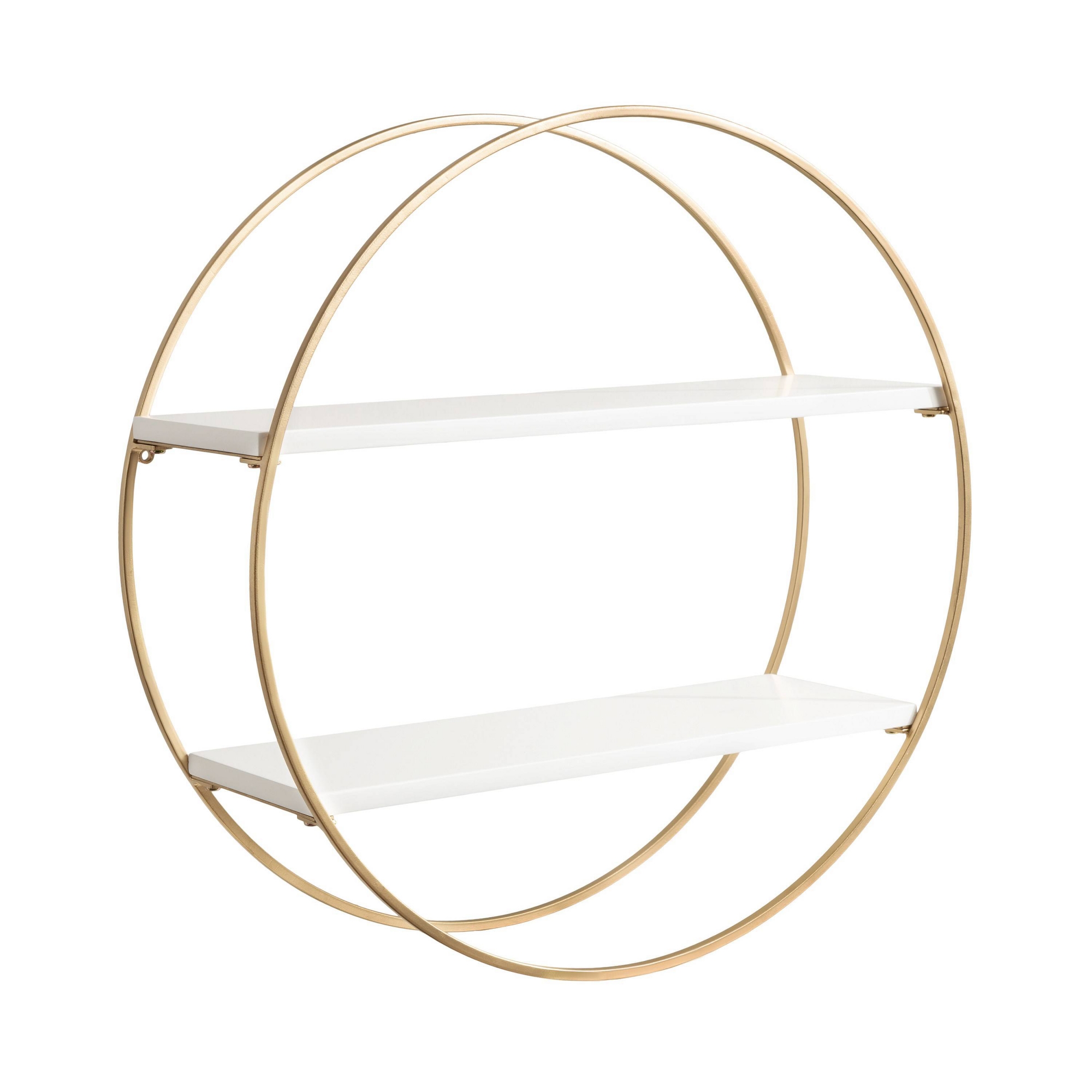 Kate & Laurel All Things Decor 24" Diameter Sequoia Wood and Metal Round Wall Shelf Gold/White: Geometric Design, 2-Tier Storage