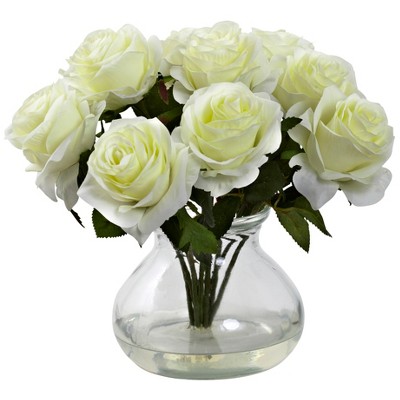 White Faux Rose Arrangement in Glass Vase