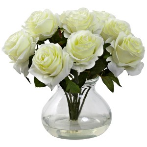 Nearly Natural Rose Arrangement with Vase, White - 1 of 4