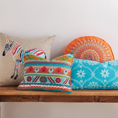 Multicolor Zebra Embroidered Burlap Throw Pillow 20x20