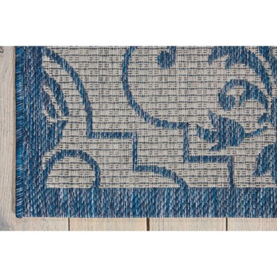 Country Side Chic Blue and Ivory Leaf Design Outdoor Rug