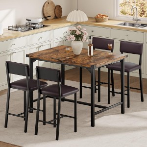 Dining Table Set for 4 W/Footrest & Backrest, Counter Height Table with 4 Upholstered Bar Stools - 1 of 4