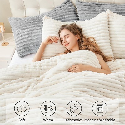 Der Rose BALHAM TRADE-3 Pieces Fleece Queen Comforter Set Super Soft Warm Fluffy Luxury Bed Set for Winter Bright White-Queen 88"x88" — фото 6