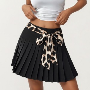 Anna-Kaci Women’s Pleated Skirt with Leopard Print Waist Tie, Smooth Structured Panels and Flexible Fabric for a Flowing Shape - 1 of 4