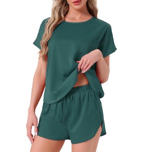 INSPIRE CHIC Women's Satin Silky Pajama Set Short Sleeve Round Neck Top Slit Shorts Sleepwear Set Medium Dark Green - 1 of 4
