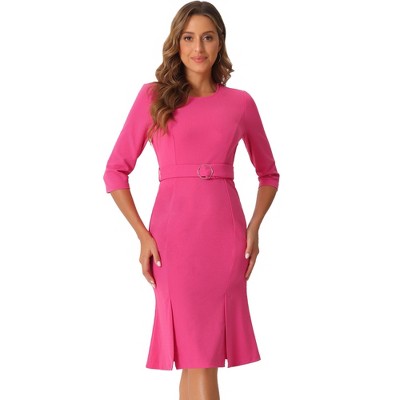 INSPIRE CHIC Women's Elegant Office 3/4 Sleeve Belted Slit Fishtail Sheath Dresses