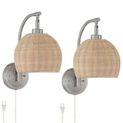 360 Lighting Farmhouse Swing Arm Wall Lamps Set of 2 Brushed Nickel Metal Plug-in Light Fixture Set of 2 Wicker Shade for Bedroom
