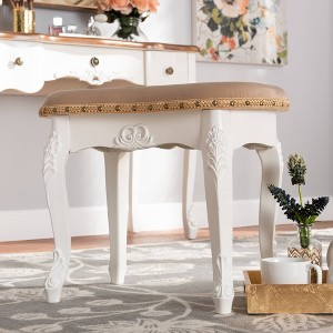 Gabrielle Velvet Fabric Upholstered Wood Vanity Ottoman Sand/White/Gold - Baxton Studio: French-Inspired, Brass Nailhead Detail, Cabriole Legs - 1 of 4