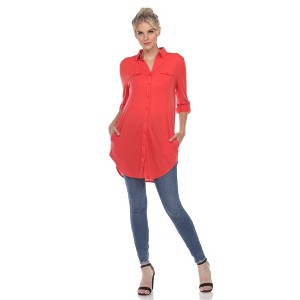 Women's Stretchy Button-Down Tunic - White Mark - 1 of 4