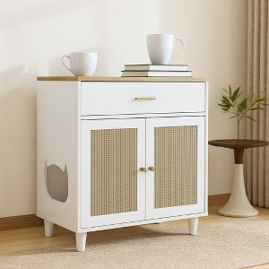 Hidden Cat Litter Box Furniture with Storage Drawer, Wood Cats Litter Enclosure Cabinet with 2 Sisal Doors for Living Room White - 1 of 4