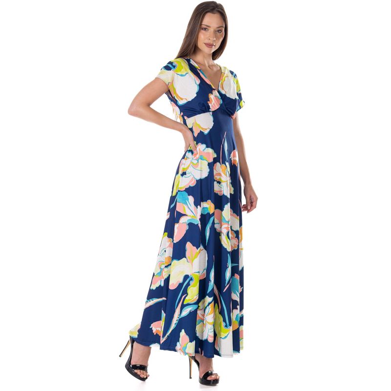 24seven Comfort Apparel Womens Navy Floral Print V Neck Empire Waist Cap Sleeve Maxi Dress, 2 of 7