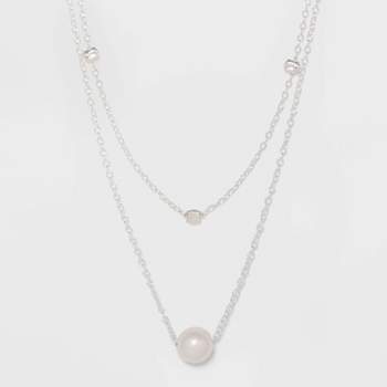 Sterling Silver with Freshwater Pearl Duo Necklace Set 2pc - A New Day™ Silver