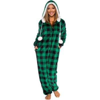 Silver Lilly Slim Fit Women's Buffalo Plaid One Piece Pajama Union Suit with Sherpa Trim- Green/Black, Small
