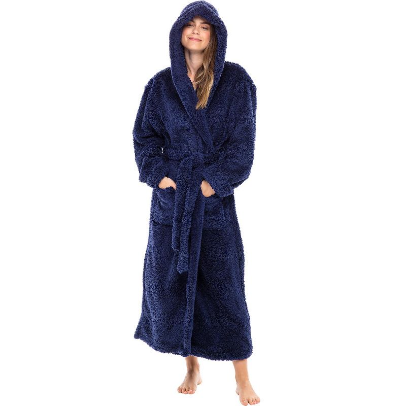 Women's Fuzzy Plush Fleece Bathrobe with Hood, Soft Warm Hooded Lounge Robe, 1 of 9