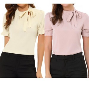 Allegra K Women's Elegant Bow Tie Neck Elastic Cuffs Office Short Sleeve Blouse 2 Pcs - 1 of 4