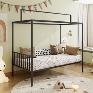 KWPZQEB Montessori House Bed Metal for Kids, Metal Floor Bed with Canopy and Fence, House Bed Frame for Girls & Boys, No Box Spring Needed - 1 of 4