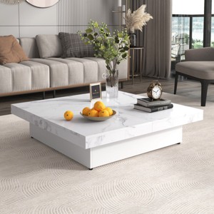 39.4'' Square Coffee Table with Storage, Modern Marble Veneer Table for Living Room with Sliding Top Design, Hidden Compartment - Cuddlewood - 1 of 4