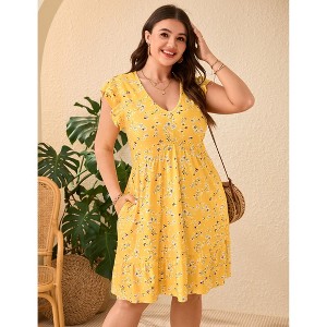 YESFASHION Plus Size Women Casual V Neck Dress Loose Swing Ruffle Summer Midi Dress with Pockets - 1 of 4