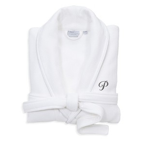 Linum Home Textiles Hotel 100% Turkish Cotton Unisex Waffle Terry Personalized White Bathrobe with Satin Piped Trim in Dark Gray Script Font - 1 of 1