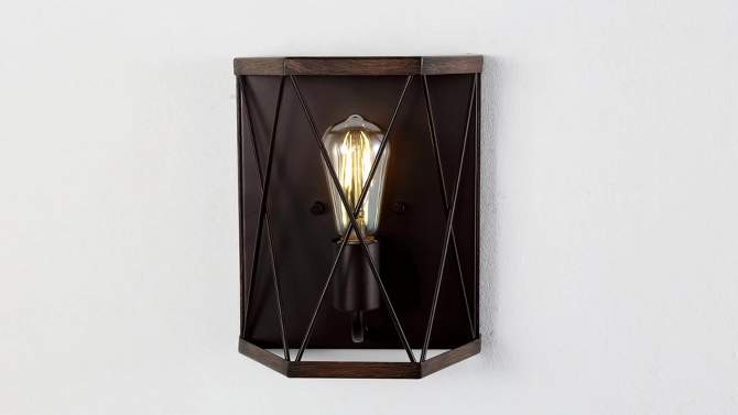 8.25&#34; 1-Light Liam Rustic Farmhouse Iron LED Sconce Wood Finished/Oil Rubbed Bronze - JONATHAN Y, 2 of 10, play video