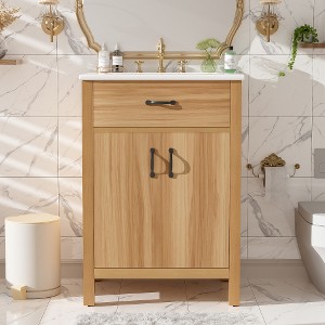 ACEPANO 24 in. W Modern Solid Wood Frame Bathroom Vanity with 2 Soft-Close Doors, 1 Flip-Up Drawer & Adjustable Shelves-Brown - 1 of 4
