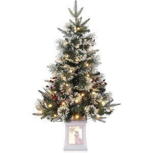 3FT Flocked Small Christmas Tree , Artificial Small Christmas Trees with Light, Multiple Pattern Bases, Outdoor Indoor for Winter Holiday Décor - 1 of 4