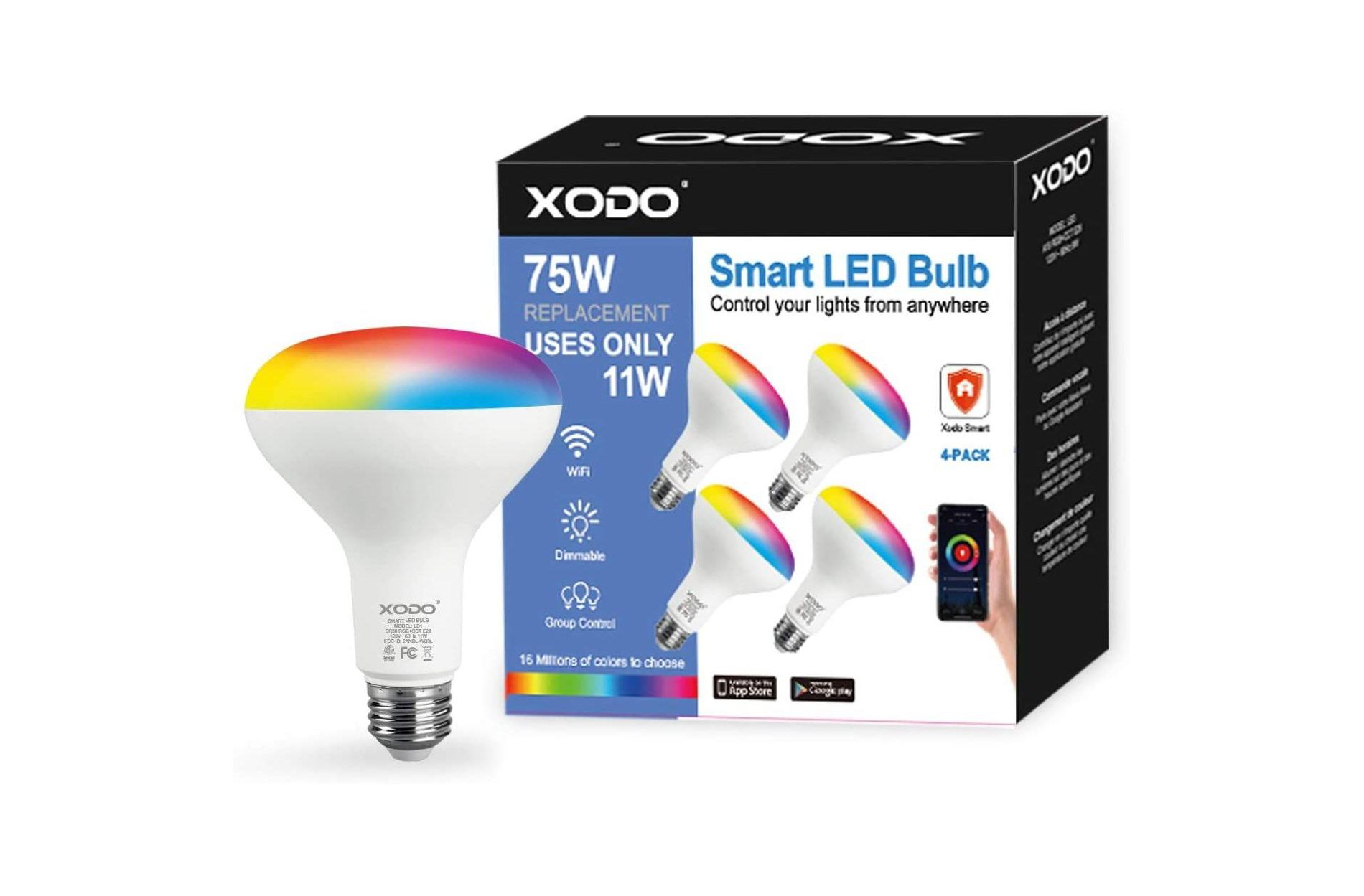 XODO Smart LED Flood Light Bulbs 4-Pack, 11W (75W Equivalent), 900 Lumens, WiFi Dimmable RGB Color Changing Smart Bulbs, LB1 App & Voice Control
