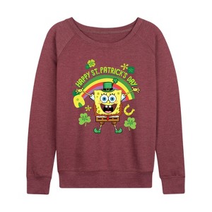 Women's - SpongeBob Squarepants - Spongebob Happy St Patricks Day Lightweight French Terry Wide Neck Long Sleeve Shirt - 1 of 4