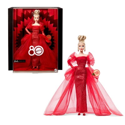 Barbie Signature 11.5" Collectible Doll for Mattel 80th Anniversary, Glittery Red Tulle Gown with Blonde Hair/Blue Eyes