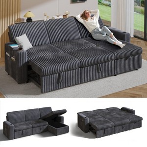 Vipbear 91" Sectional Sleeper Sofa Bed with Pull Out Bed,Reclining Backrest/Two Pull Out Beds/USB Ports/Cup Holders, Plush Corduroy - 1 of 4