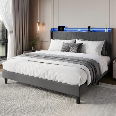King LED Bed Frame with Charging Station, Upholstered Platform Bed Frame with Headboard, Wood Slats Support, Under Bed Storage, No Box Spring Needed