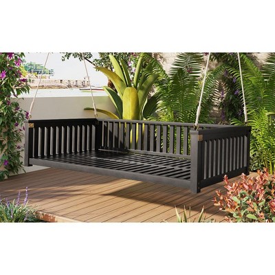 DOMETOUR TOPMAX Patio Minimalist Twin Size Garden Swing Bed Wood Porch Swing with Ropes for Backyard, Safe Sloped Design, Black
