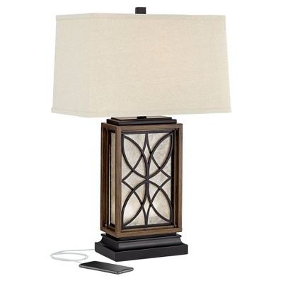 Franklin Iron Works Rustic Table Lamp with USB and AC Power Outlet in Base LED Nightlight 27.5" Tall Bronze Oatmeal Shade for Living Room