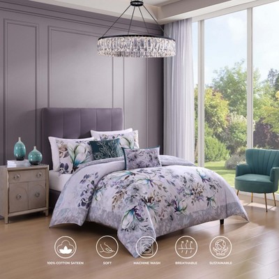 King Gray Floral Cotton Reversible Comforter Set
