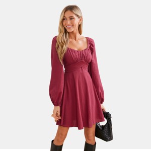Women's Elegant Burgundy Puff Sleeve Square Neck Dress - Cupshe - 1 of 4