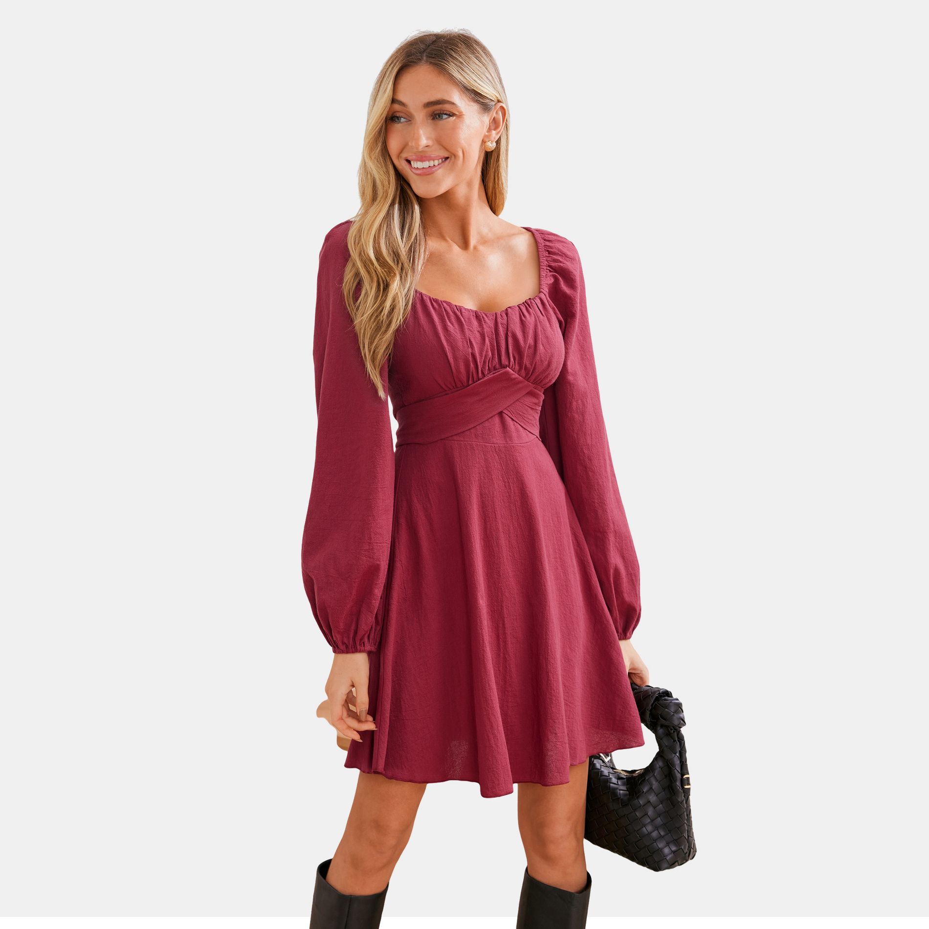 Women's Elegant Burgundy Puff Sleeve Square Neck Dress - Cupshe-L-Red