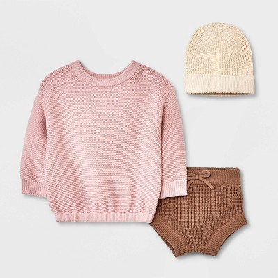 Grayson Collective Baby Girls' Beanie & Sweater Set - Pink/Brown 3-6M