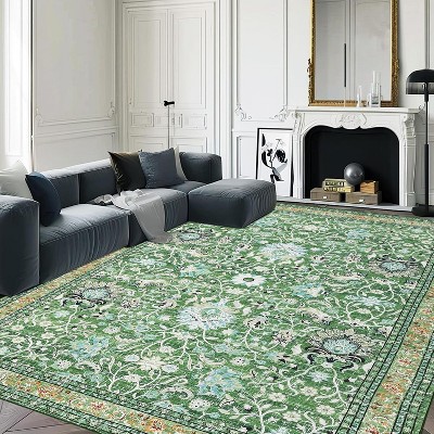 Washable Area Rug, Green Oriental Vintage Faux Wool Carpet, Non-Slip Stain-Resistant Soft Accent Rug for Living Room Bedroom Dining Room